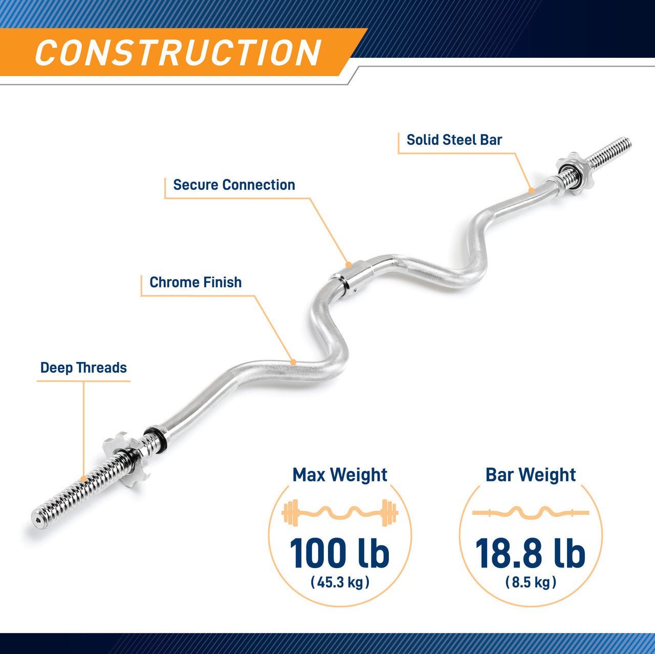 2-Piece Standard Super Curl Bar Marcy SCB-248 - Infographic - Construction