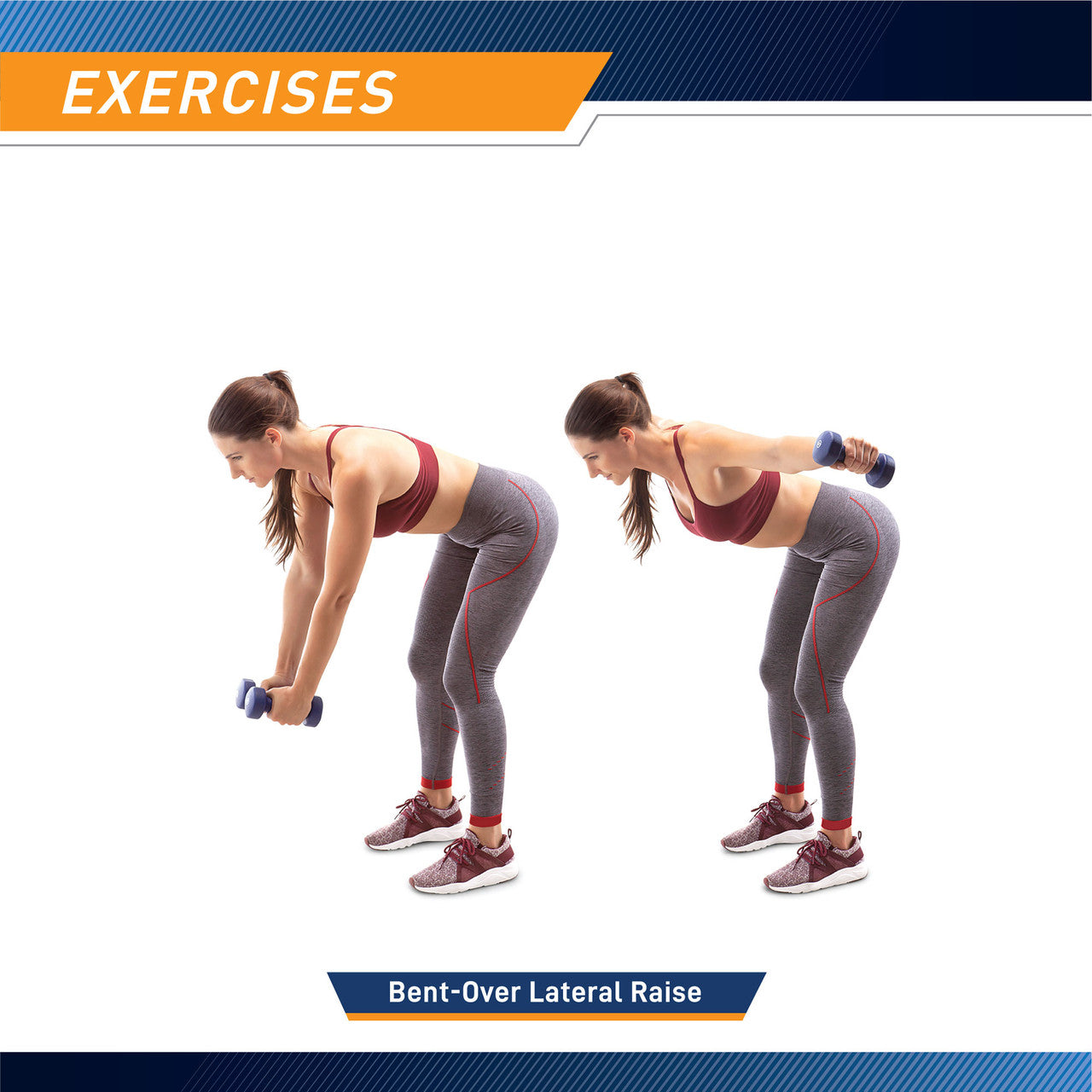 Infographic titled "EXERCISES" demonstrating the "Bent-Over Lateral Raise" movement. A woman is shown starting in a bent-forward position with arms hanging down holding NDS-21.1 dark blue dumbbells, then lifting them outward to the sides until parallel with her shoulders.