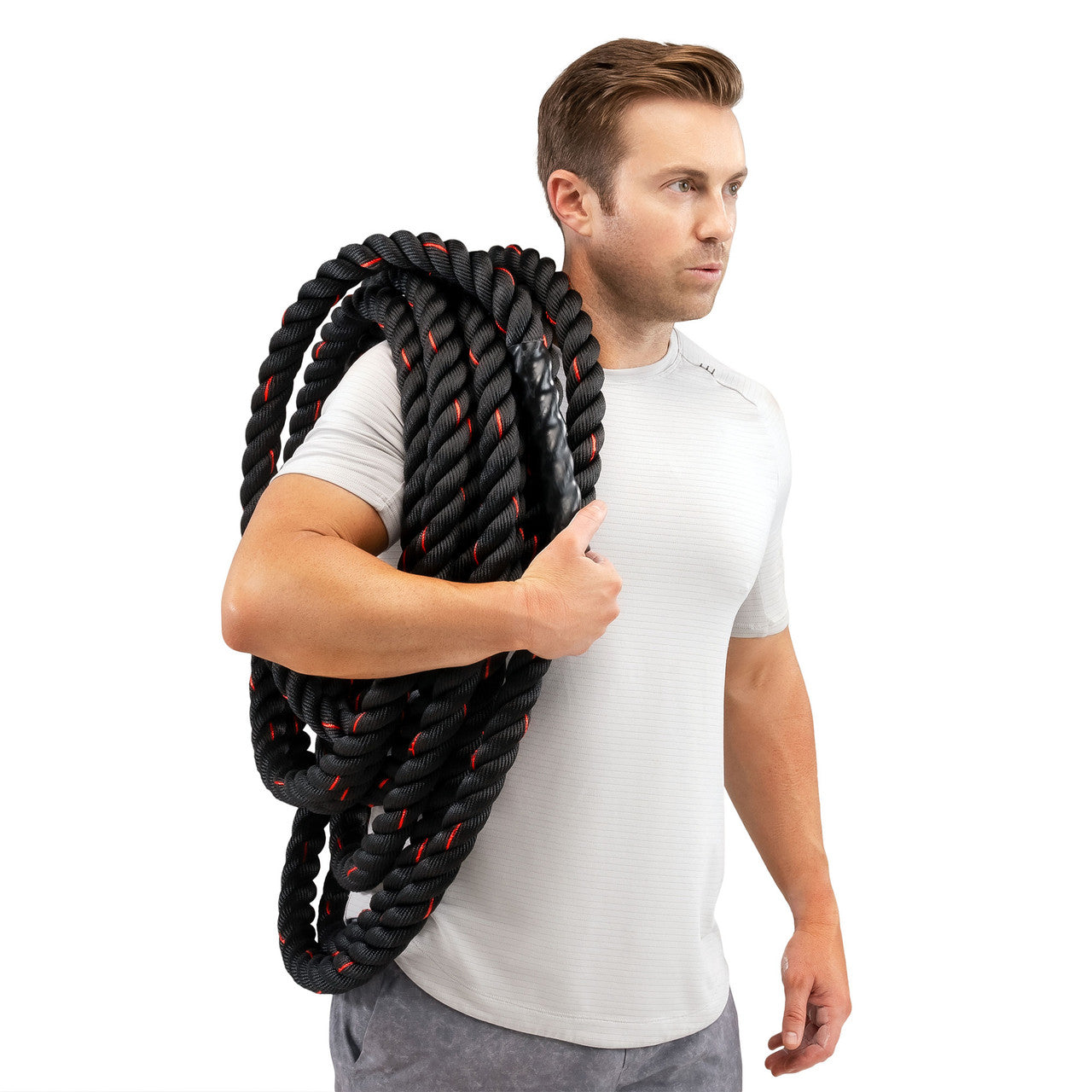 9 M (30 ft) Battle Ropes 38mm (1.5 Inch) Diamater Heavy Exercise Rope ProIron PRO-ZS01-1 - model holding battle rope