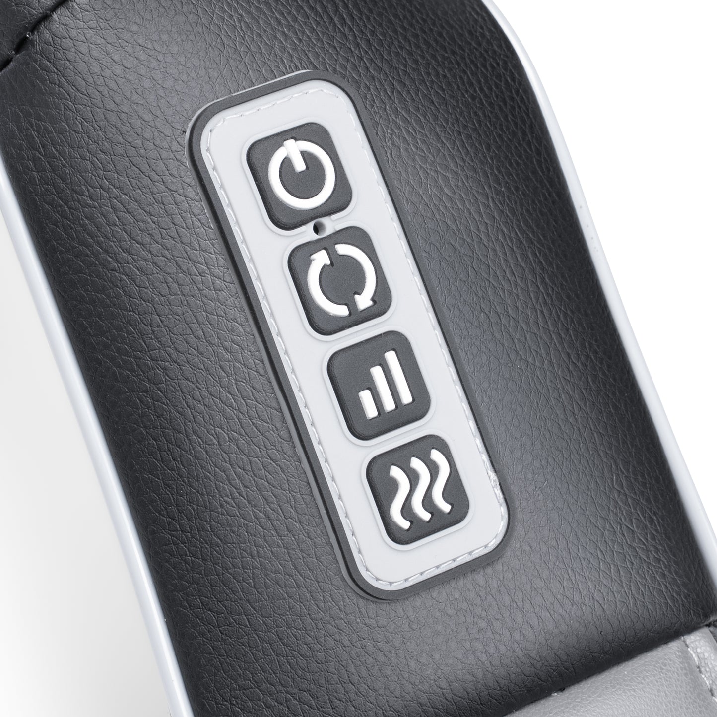 Close-up of the integrated control panel embedded in the black strap, featuring four buttons labeled with icons for Power, Rotation Direction, Speed Intensity, and Heat functions.