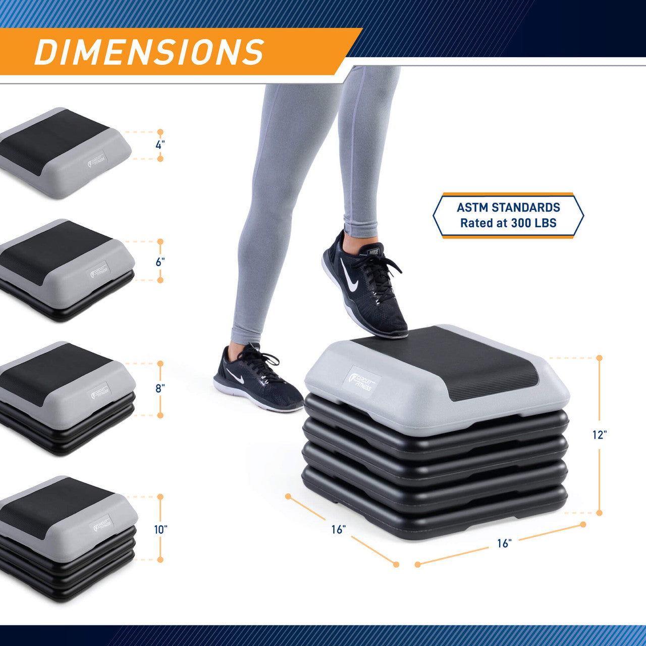 Adjustable Aerobic Step Platform with 4 Risers - Gray - Circuit Fitness - Diemnsions