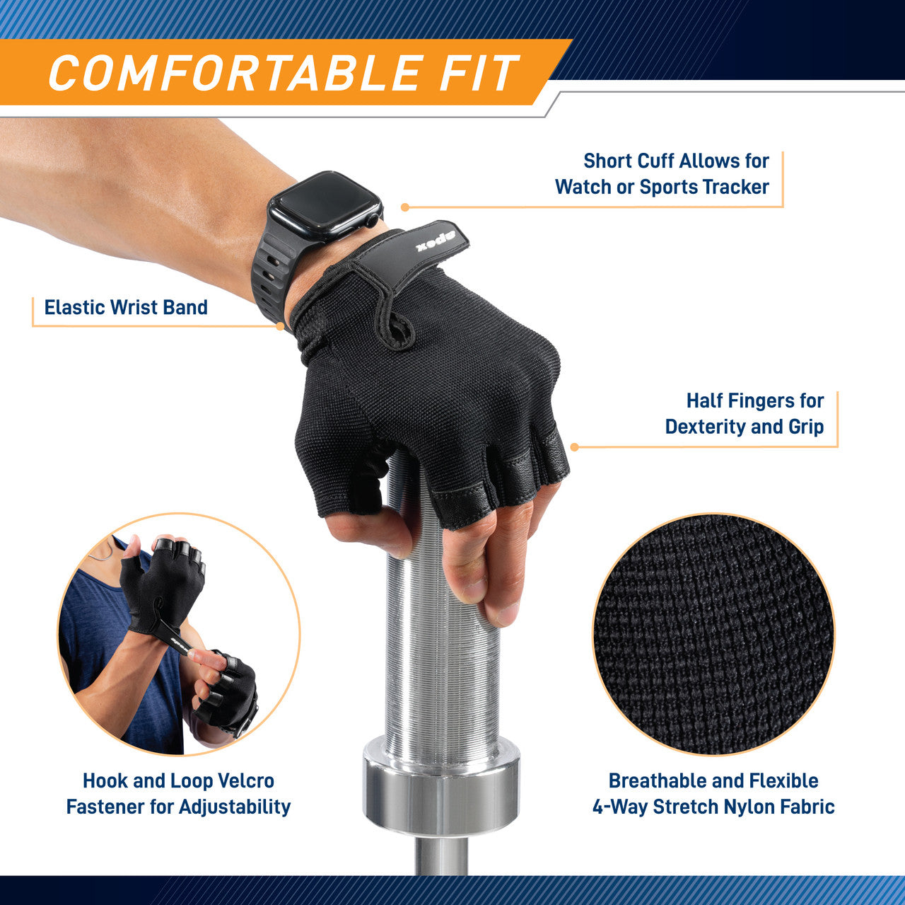 Diagram of comfort features pointing out the short cuff that accommodates a smartwatch, the elastic wrist band with Velcro fastener, and the breathable 4-way stretch nylon fabric on the back.