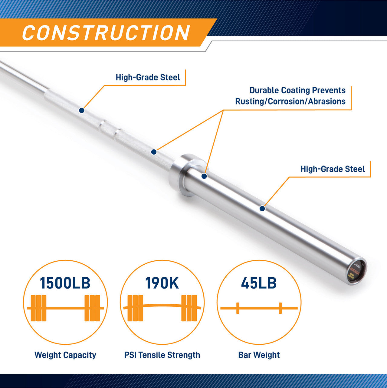 45lb Olympic Barbell SteelBody - STB-1707CC - Chrome Silver bar - Heavy Duty Construction