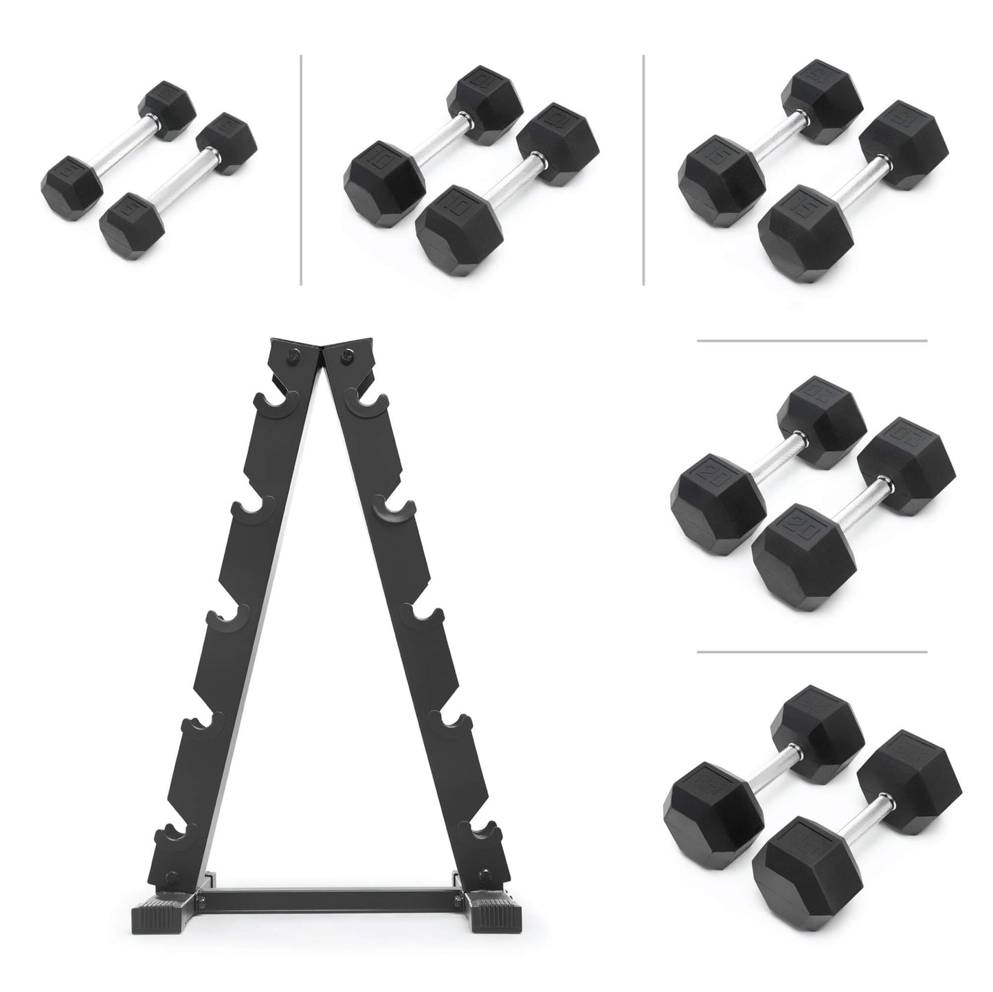 Product collage displaying the individual contents of the 150lb set. The center features the empty black A-frame rack standing alone. Surrounding it are the five included pairs of rubber hex dumbbells in 5lb, 10lb, 15lb, 20lb, and 25lb increments.