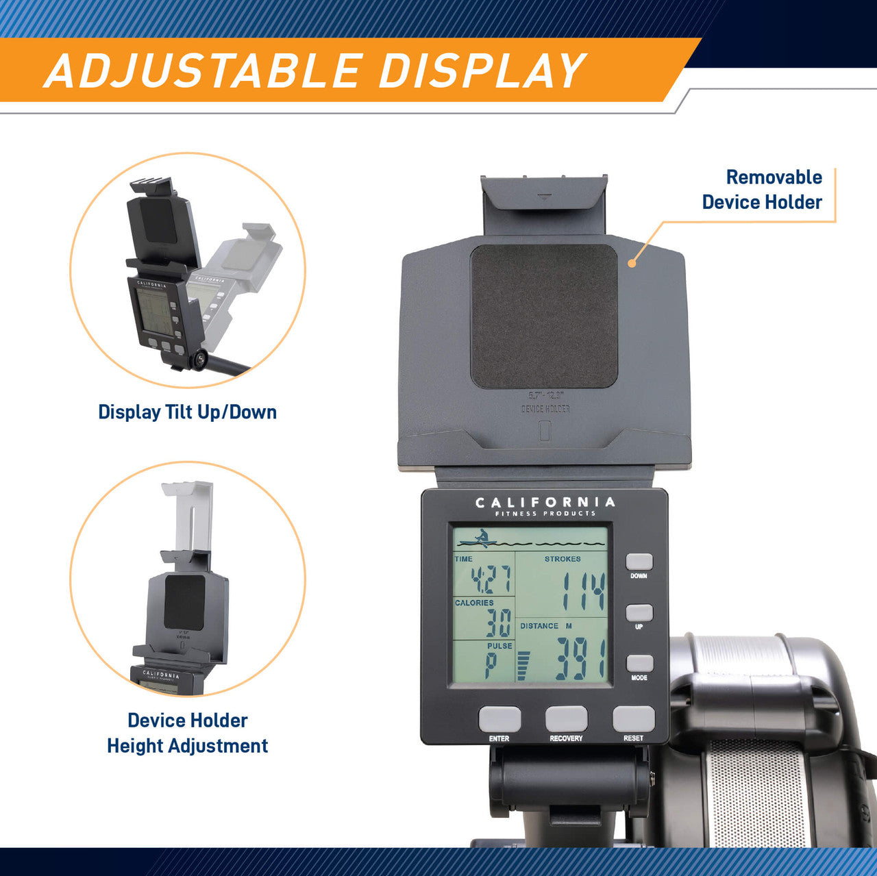 Deluxe Rowing Machine with Adjustable Air Resistance - NS-7874RW California Fitness Products - Infographic -Adjustable Display