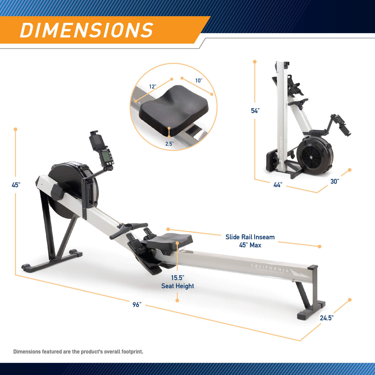 Deluxe Rowing Machine with Adjustable Air Resistance - NS-7874RW California Fitness Products - Infographic - Dimensions