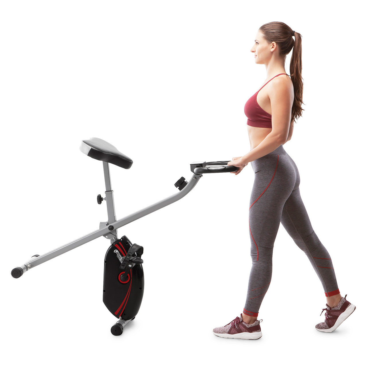 Folding Upright Exercise Bike with Adjustable Resistance Circuit Fitness AMZ-150BK - Transport Wheels