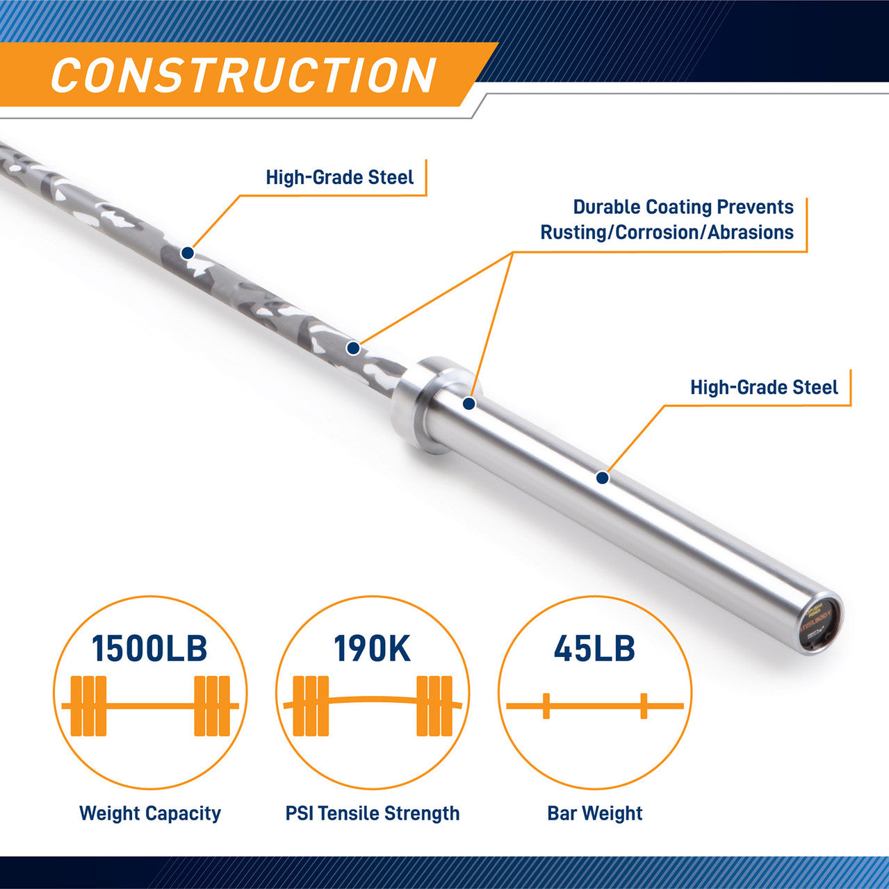 45lb Olympic Barbell SteelBody - STB-1808GC- Gray and White Camoflauge - Heavy Duty Construction