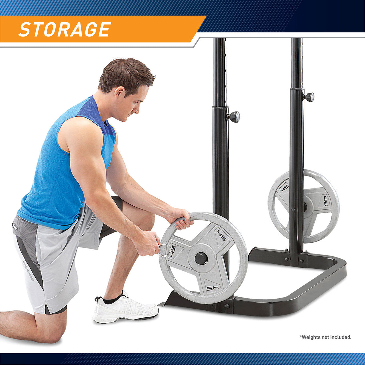 The Marcy Two-Piece Olympic Bench MD-879 has storage pegs to keep your weight plates nearby