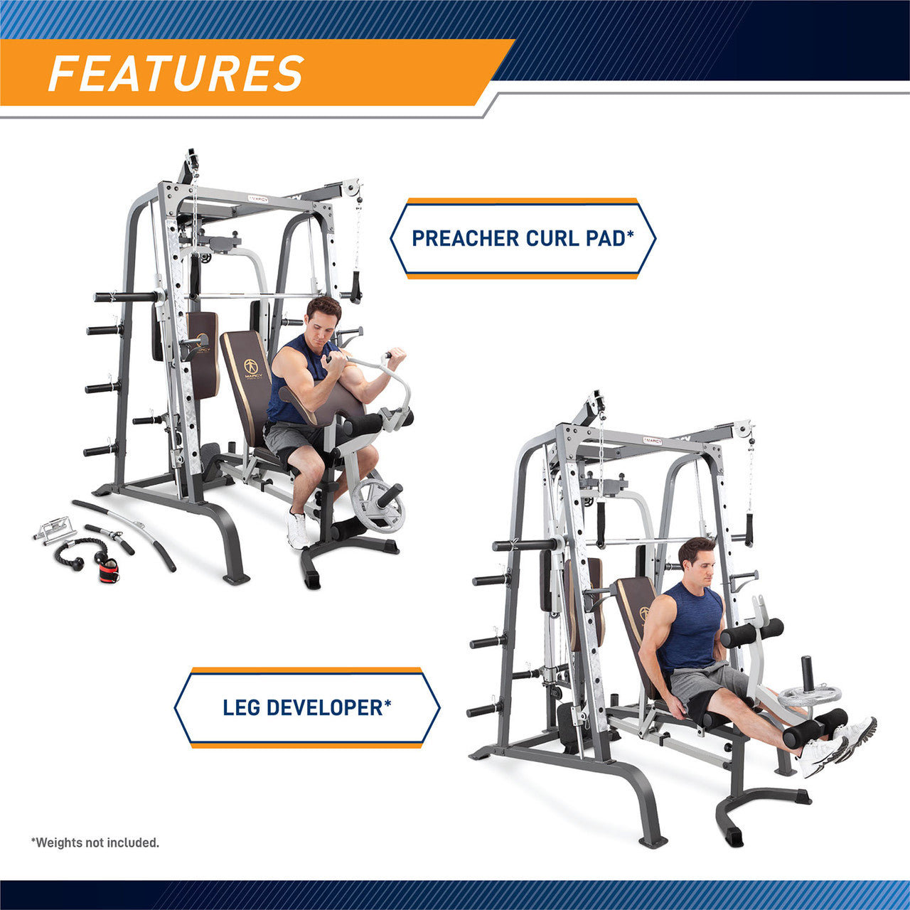 MD-9010G Smith Machine - Preacher Curls with Preacher Curl Pad and Curl Handle and Leg Developer Workouts – Leg Extensions