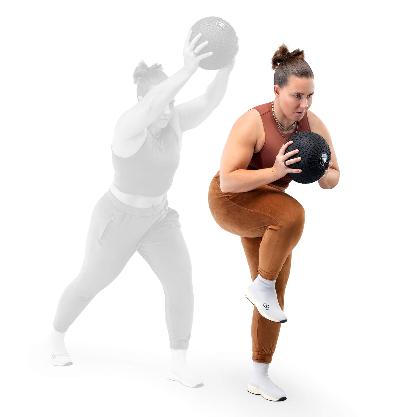 Woman performing a rotational woodchopper exercise with a Marcy black slam ball. A ghosted overlay depicts the starting position with the ball held overhead, while the main figure demonstrates the downward chopping motion across the body.