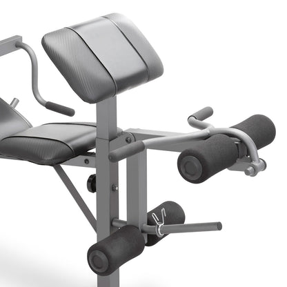 The Marcy Diamond Elite Standard Weight Bench MD-389 includes an adjustable preacher pad, Leg Developer, and Curl Handle