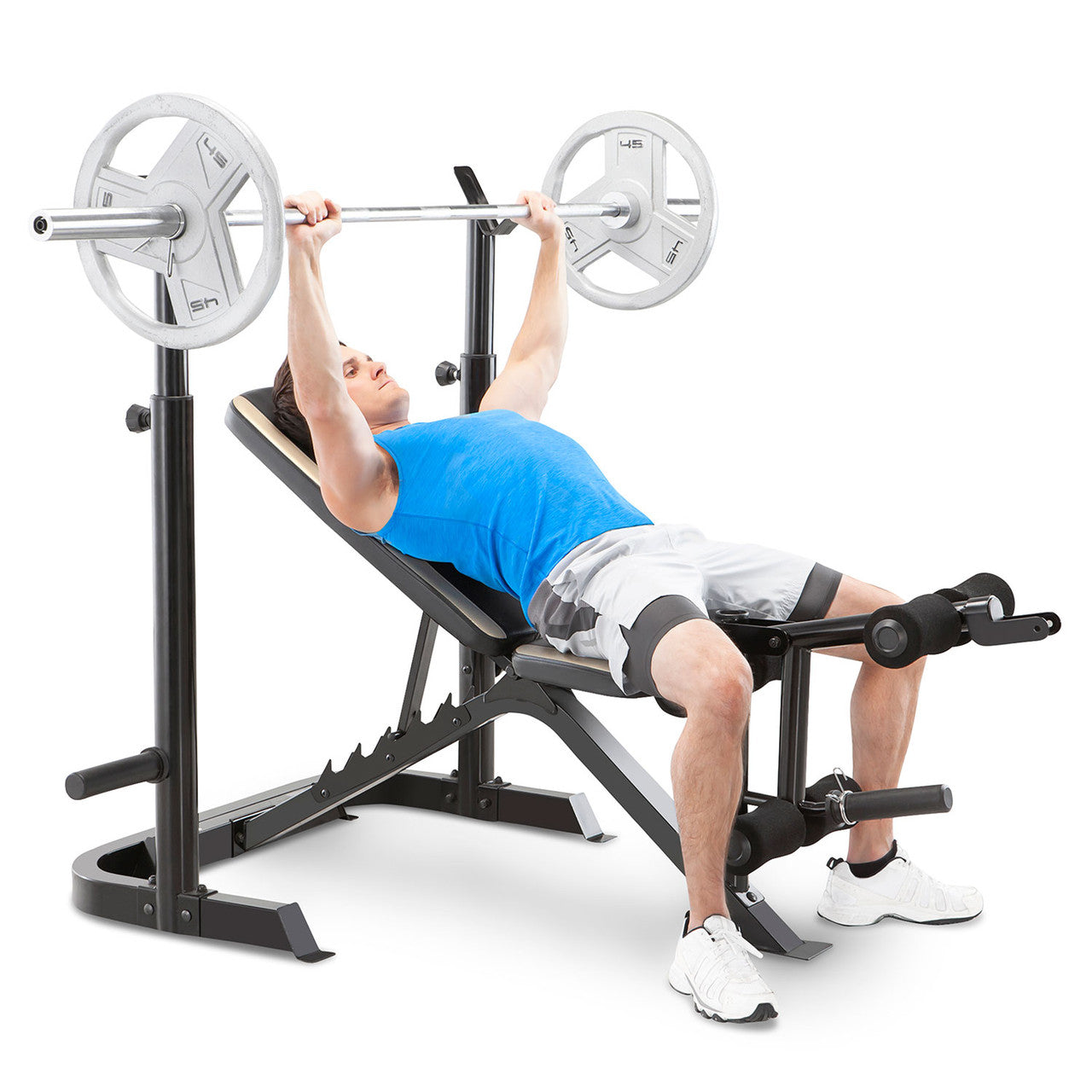 The Marcy Two-Piece Olympic Bench MD-879 with model doing incline bench presses