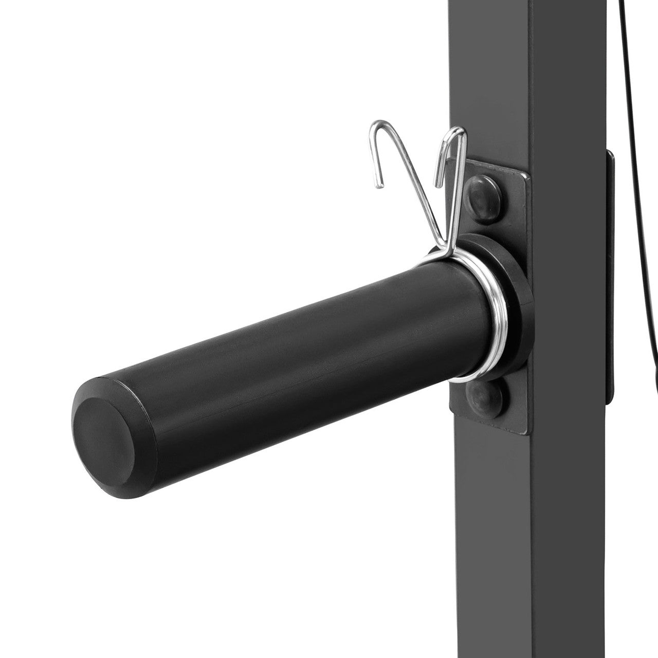 Cylindrical weight plate storage post extending from the vertical frame, shown with a metal spring clip attached for securing weights.