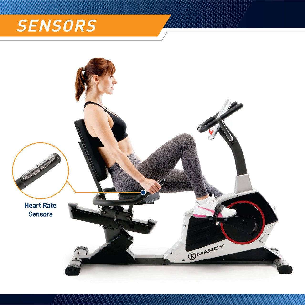 Model using seat handles on the Regenerating Magnetic Recumbent Bike | Marcy ME-706