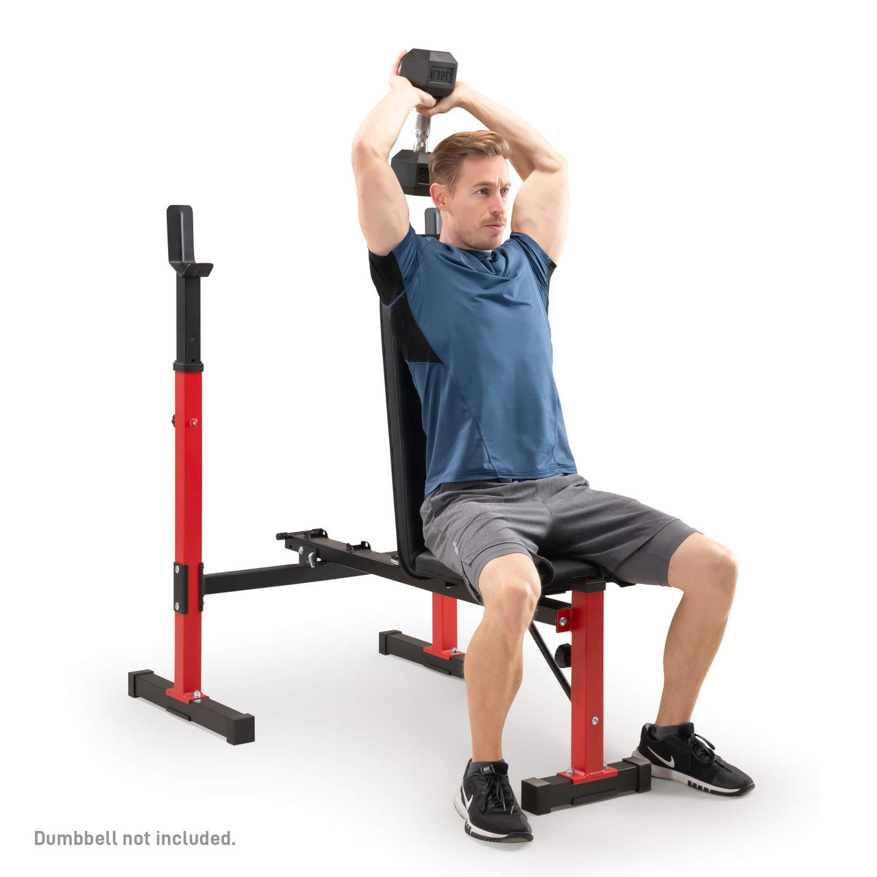 Man performing a seated overhead dumbbell tricep extension on the Marcy MWB-5511 red and black adjustable weight bench. Disclaimer: Dumbbell not included.