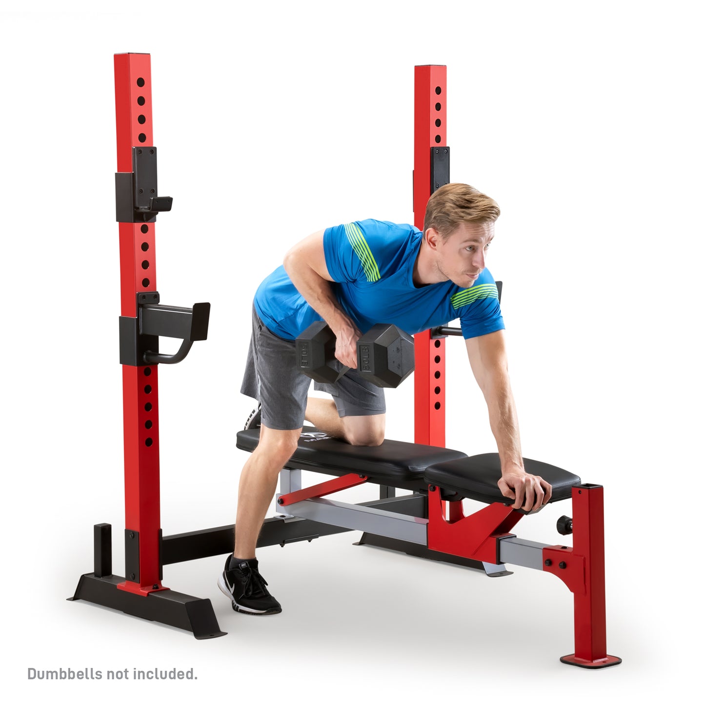 Man performing a single-arm dumbbell row exercise while kneeling on the flat setting of the red and black adjustable weight bench rack system. Disclaimer: Dumbbells not included.