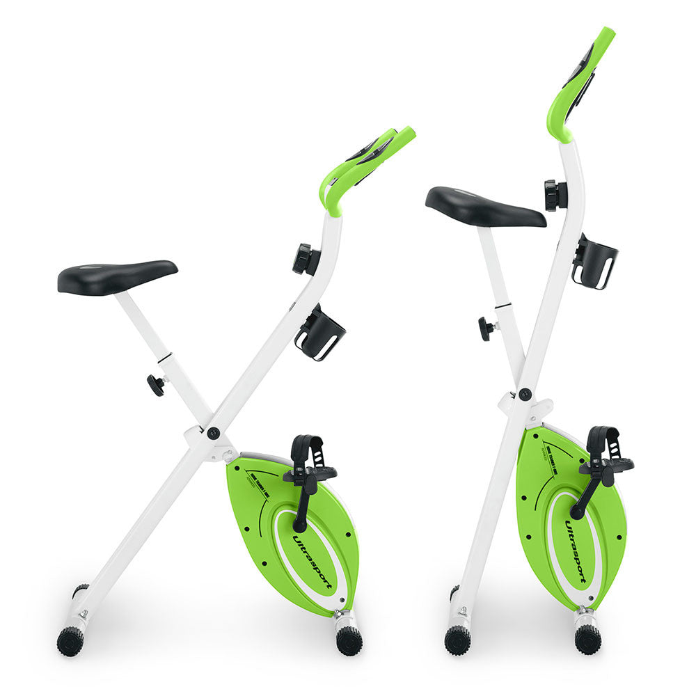 Marcy Foldable Upright Exercise Bike with Adjustable Resistance in Multiple Colors - NS-5926B - Folded and Unfolded- Green