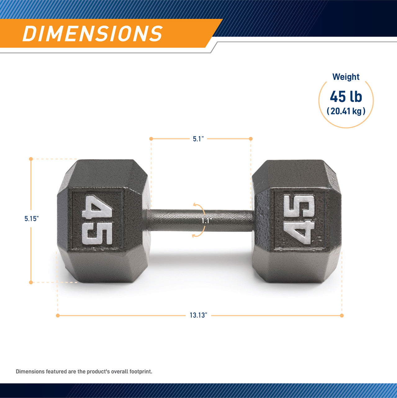Marcy 45lb Hex Dumbbell IV-2045 - Infographic - Dimensions