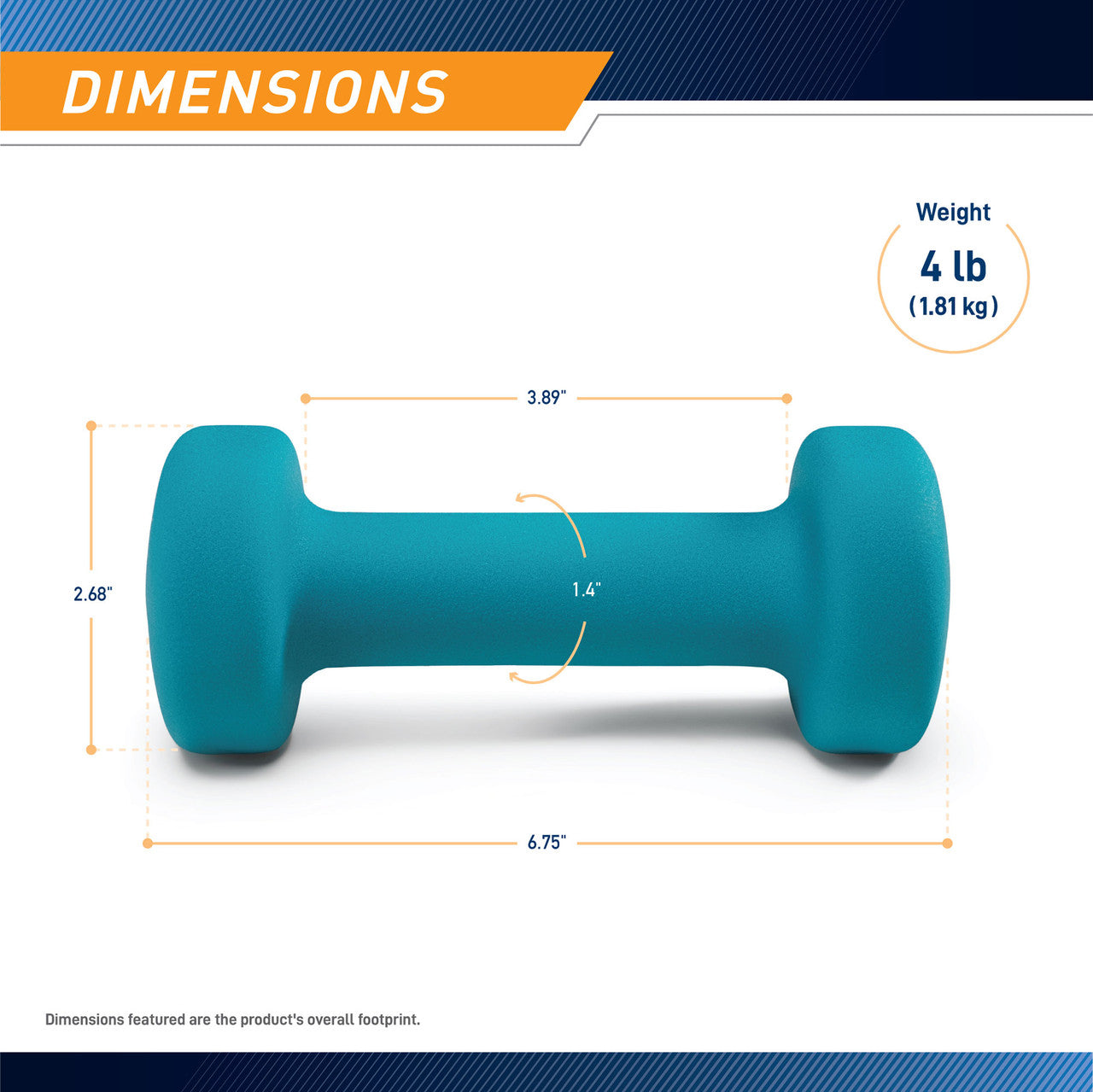 Marcy 4lb Neoprene Dumbbell INE-004 - Infographic - Dimensions
