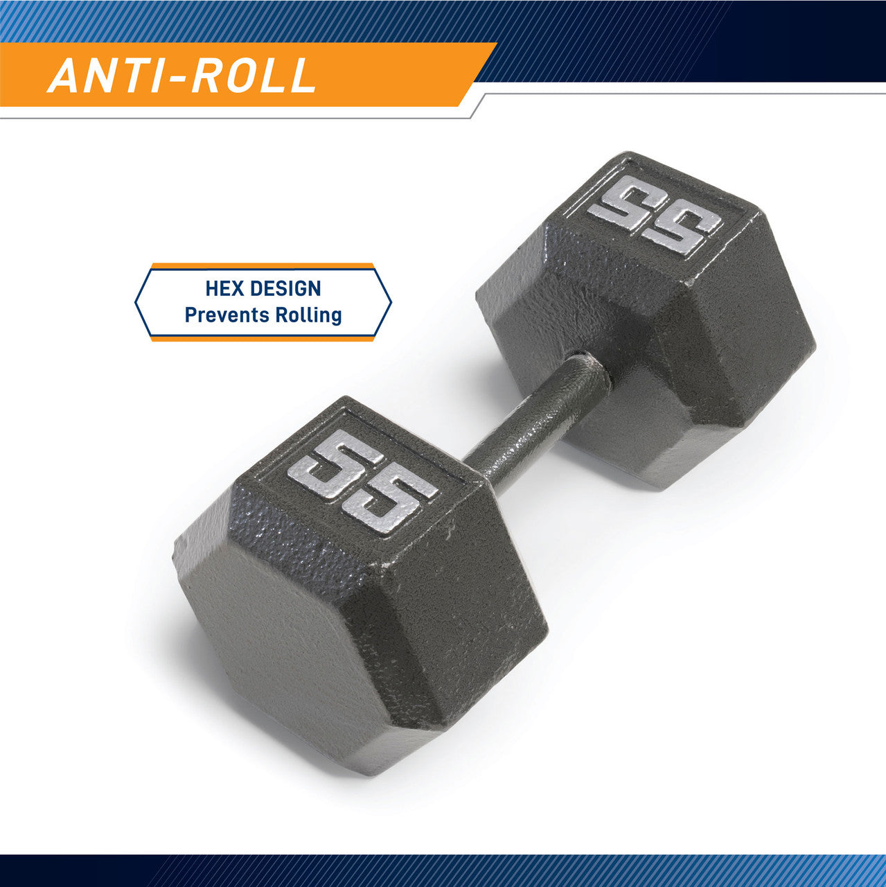 Marcy 55lb Hex Dumbbell  IV-2055 - Infographic - Anti-Roll
