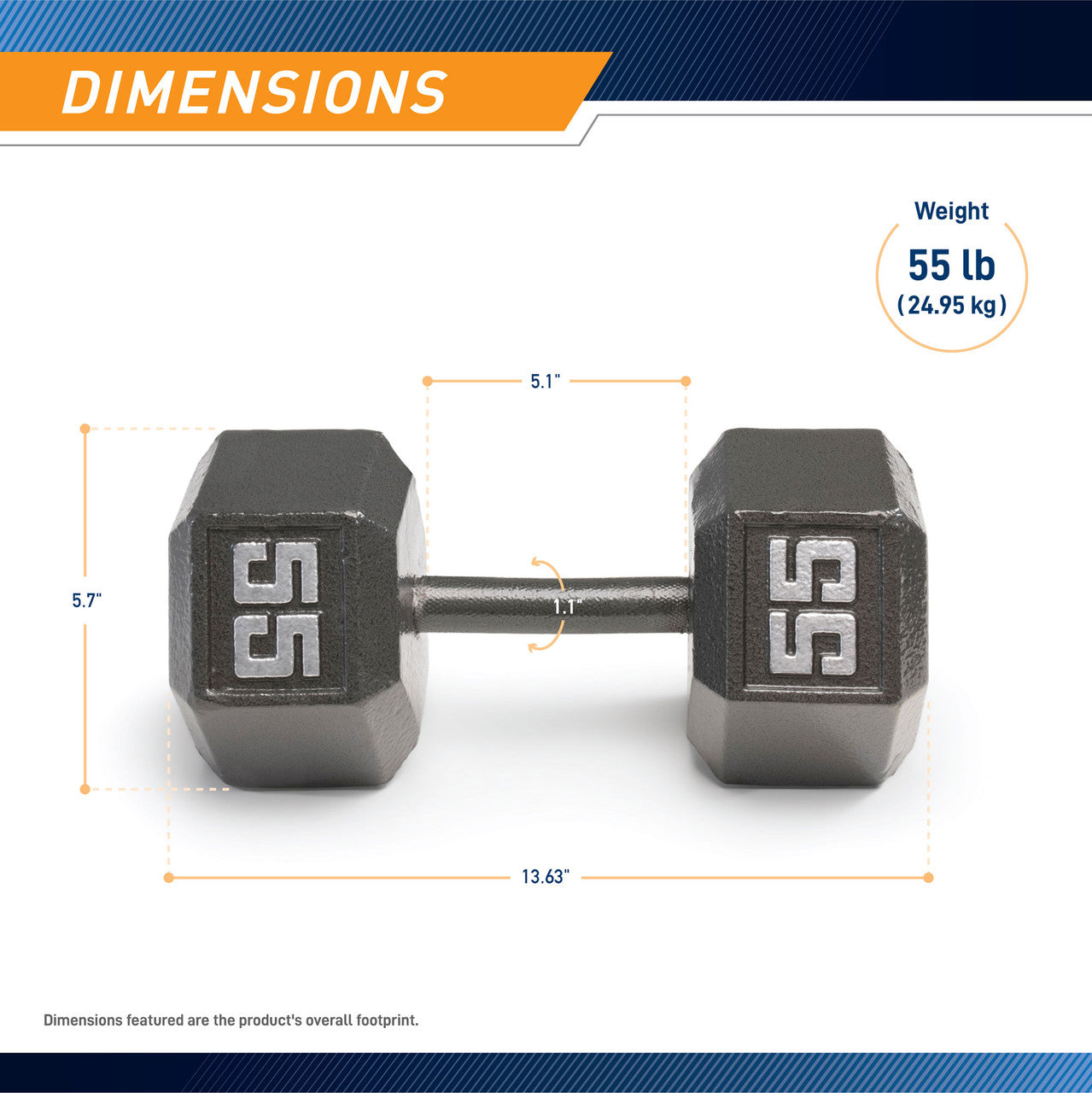 Marcy 55lb Hex Dumbbell  IV-2055 - Infographic - Dimensions