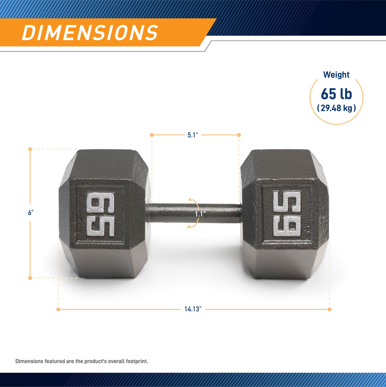 Marcy 65lb Hex Dumbbell  IV-2065 - Infographic - Dimensions