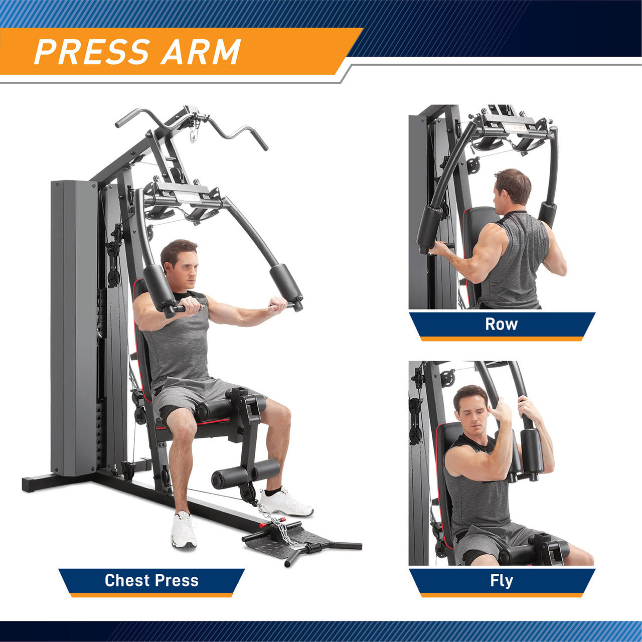 Marcy Club 200lb Home Gym  MKM-81010 - Infographic - Press Arm Exercises - Presses - Rows - Butterflies