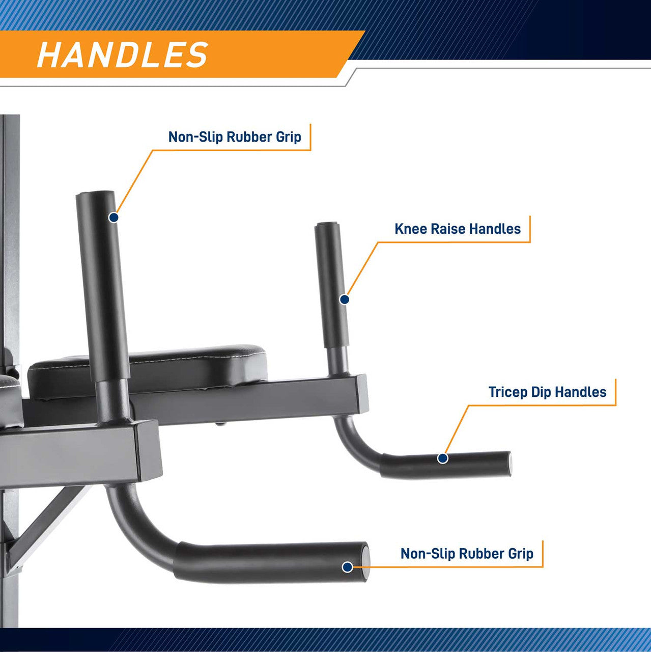 Marcy Power Tower TC-3515 handles allow one to do knee raises and dip exercises