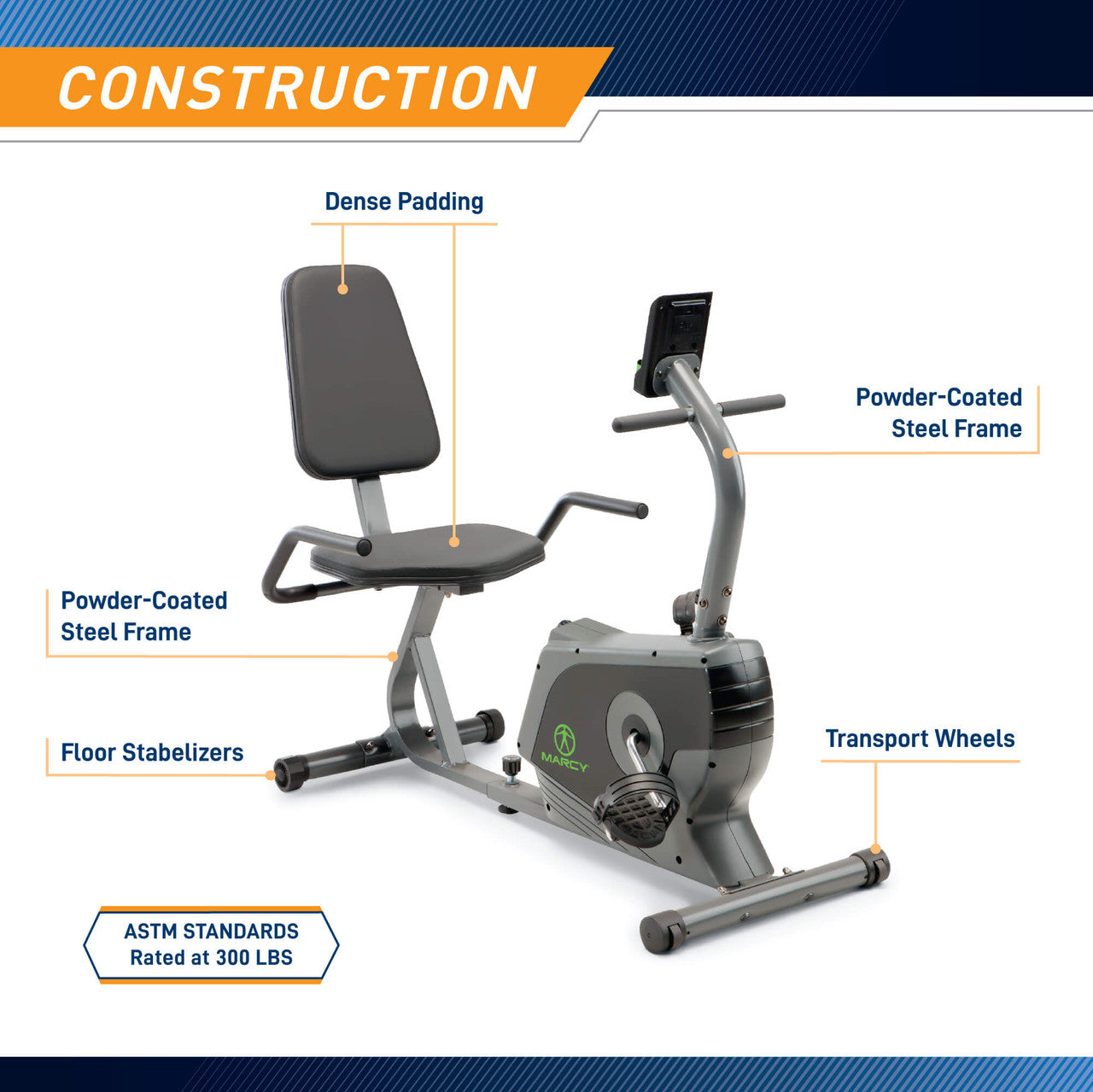 Marcy Recumbent Exercise Bike Adjustable Magnetic Resistance NS-1206R - Infographic - Construction