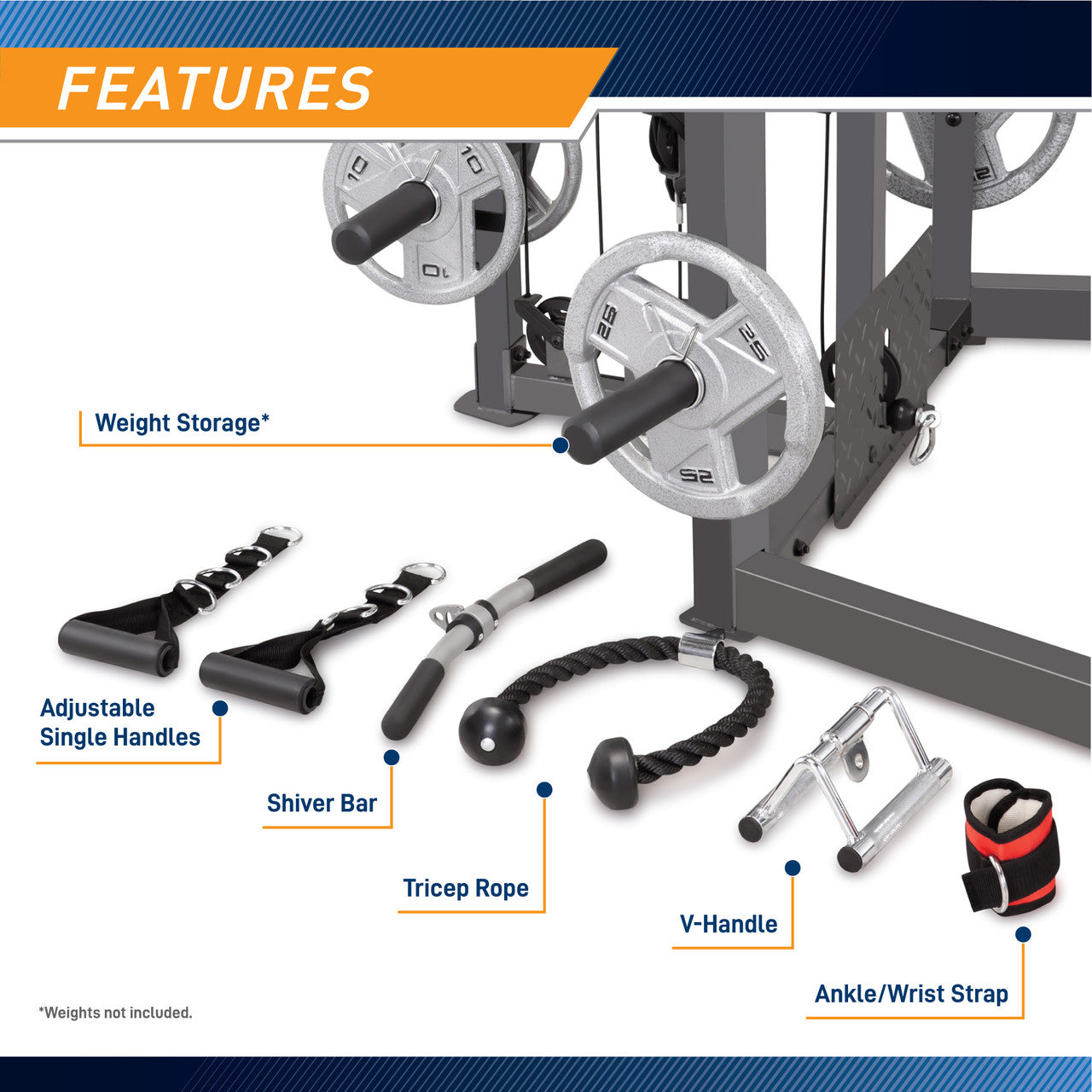 The Marcy Smith Machine SM-4008 comes with accessories - Tricep Rope, Handles, Ankle Strap