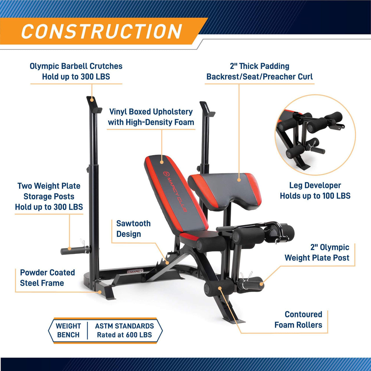 Marcy Two-Piece Olympic Weight Bench with Leg Developer  MKB-979 - Infographic - Construction