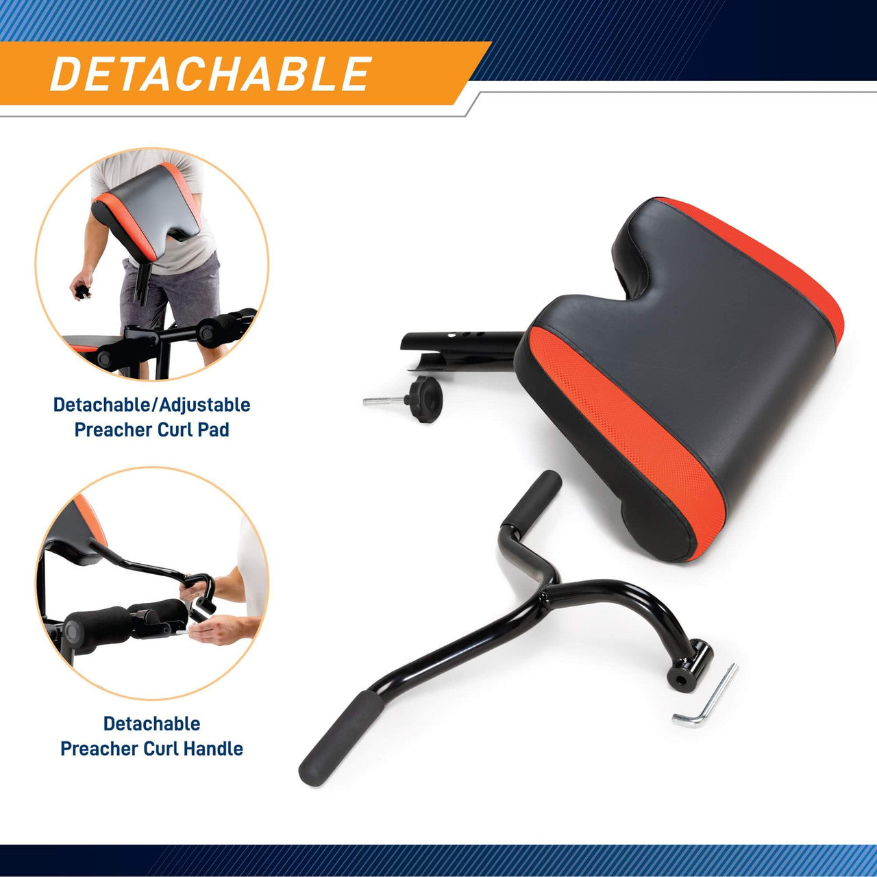Marcy Two-Piece Olympic Weight Bench with Leg Developer  MKB-979 - Infographic - Detachable