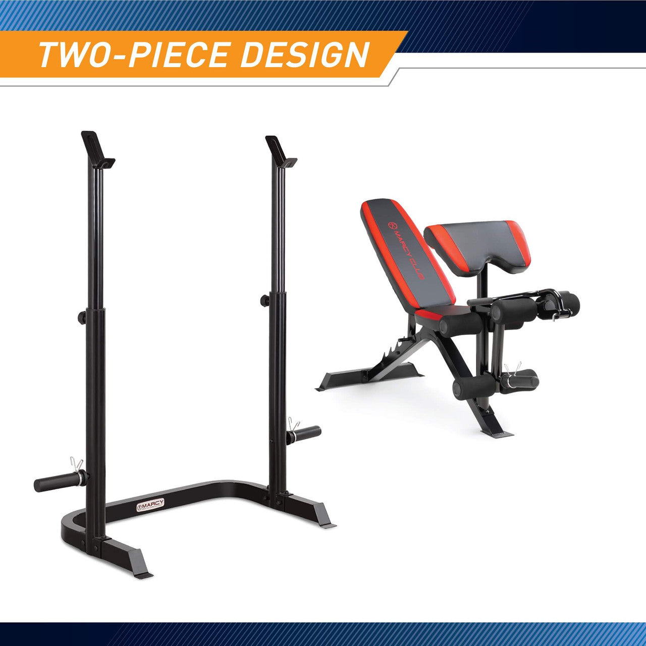 Marcy Two-Piece Olympic Weight Bench with Leg Developer  MKB-979 - Infographic - Two-Piece Design