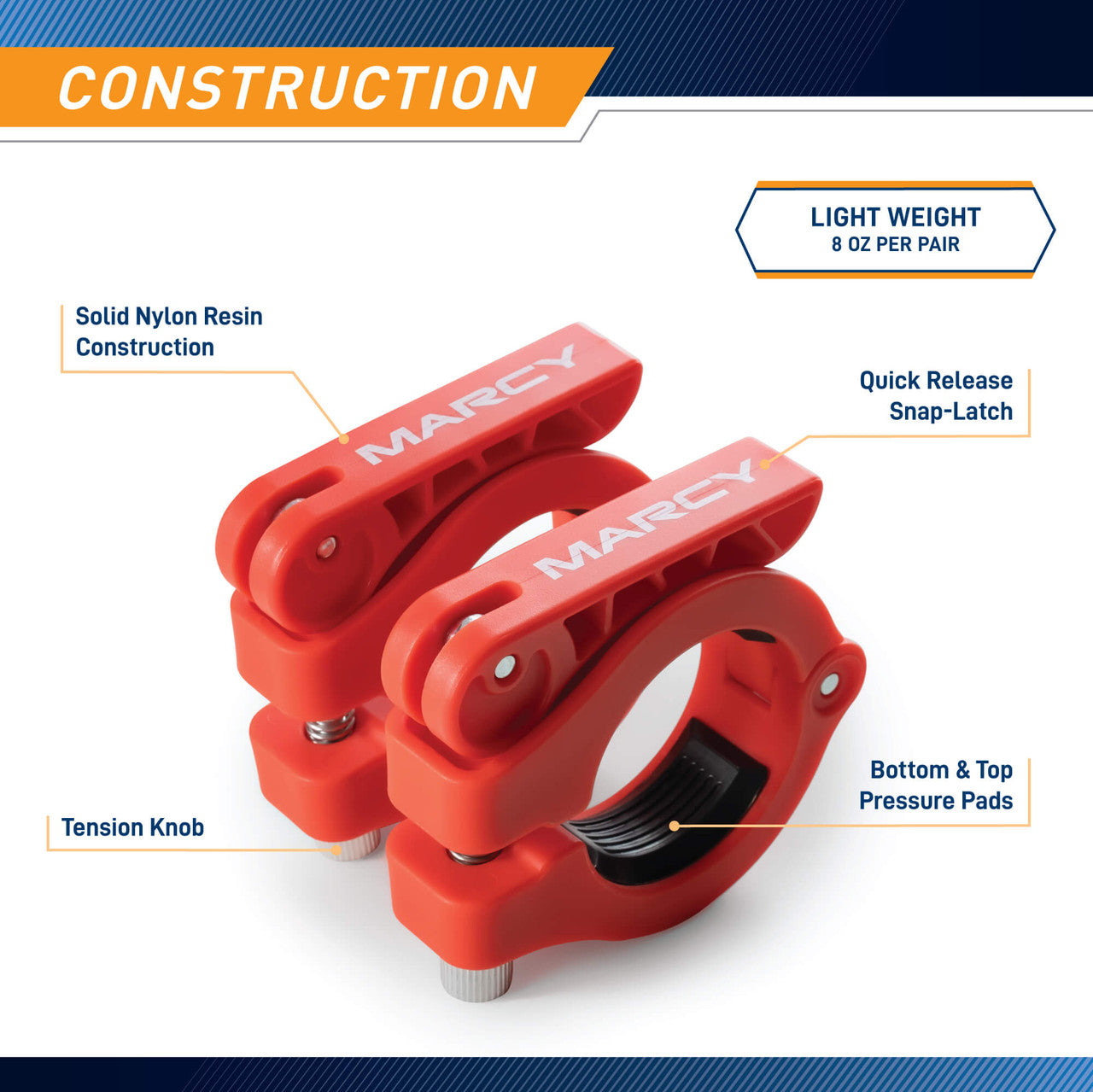 Olympic Barbell Lock Collar Clips to Secure Olympic Weight Plates on an Olympic Bar - OBC-7RD - Marcy - Infographic - Construction