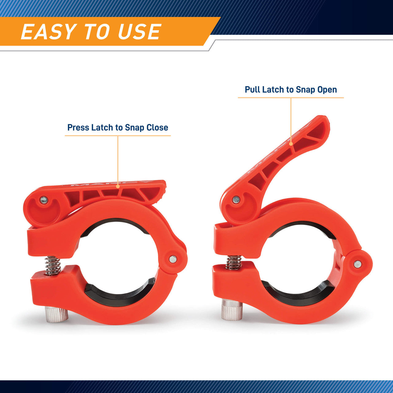 Olympic Barbell Lock Collar Clips to Secure Olympic Weight Plates on an Olympic Bar - OBC-7RD - Marcy - Infographic - Easy to Use