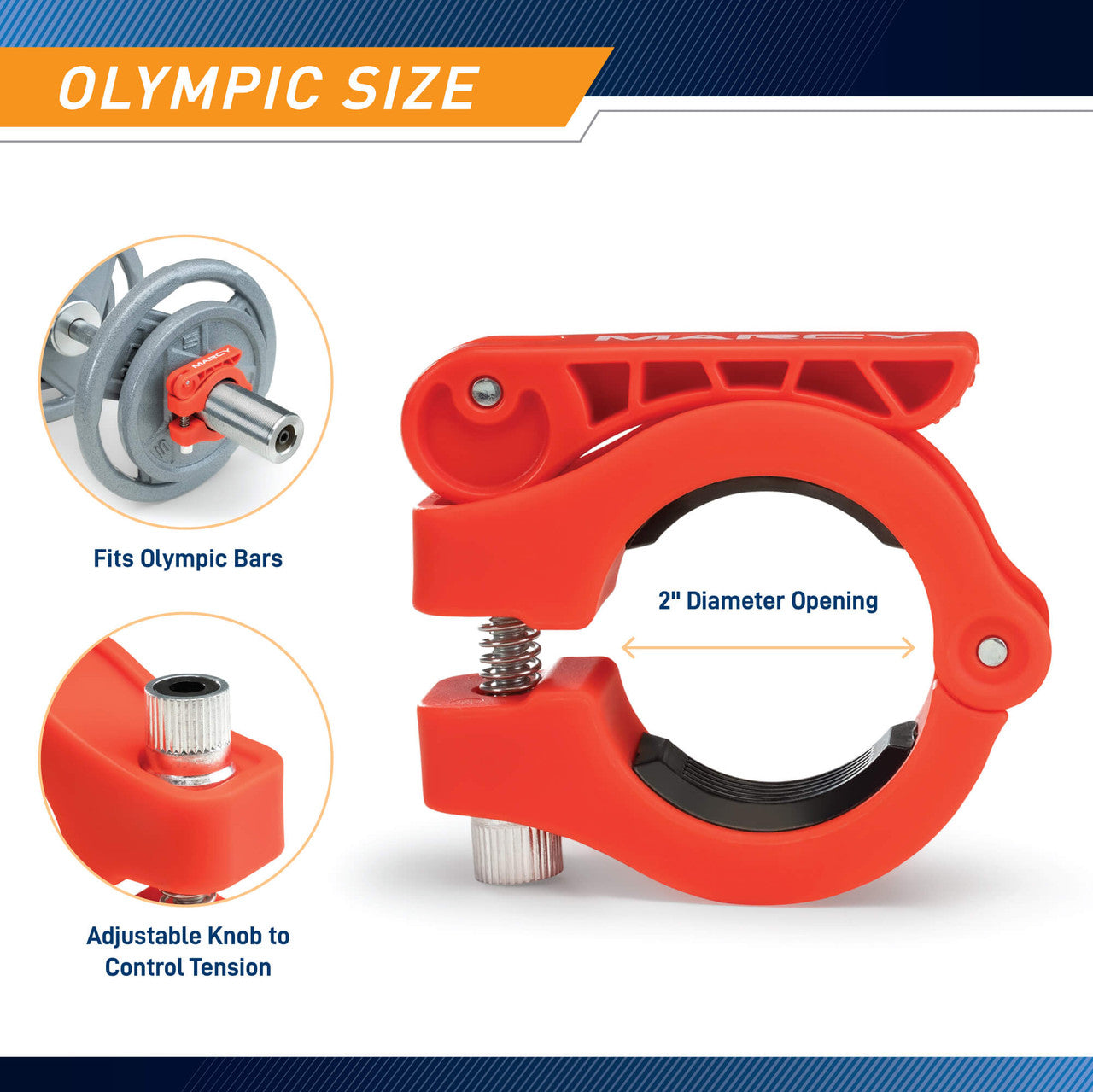 Olympic Barbell Lock Collar Clips to Secure Olympic Weight Plates on an Olympic Bar - OBC-7RD - Marcy - Infographic - Olympic Size