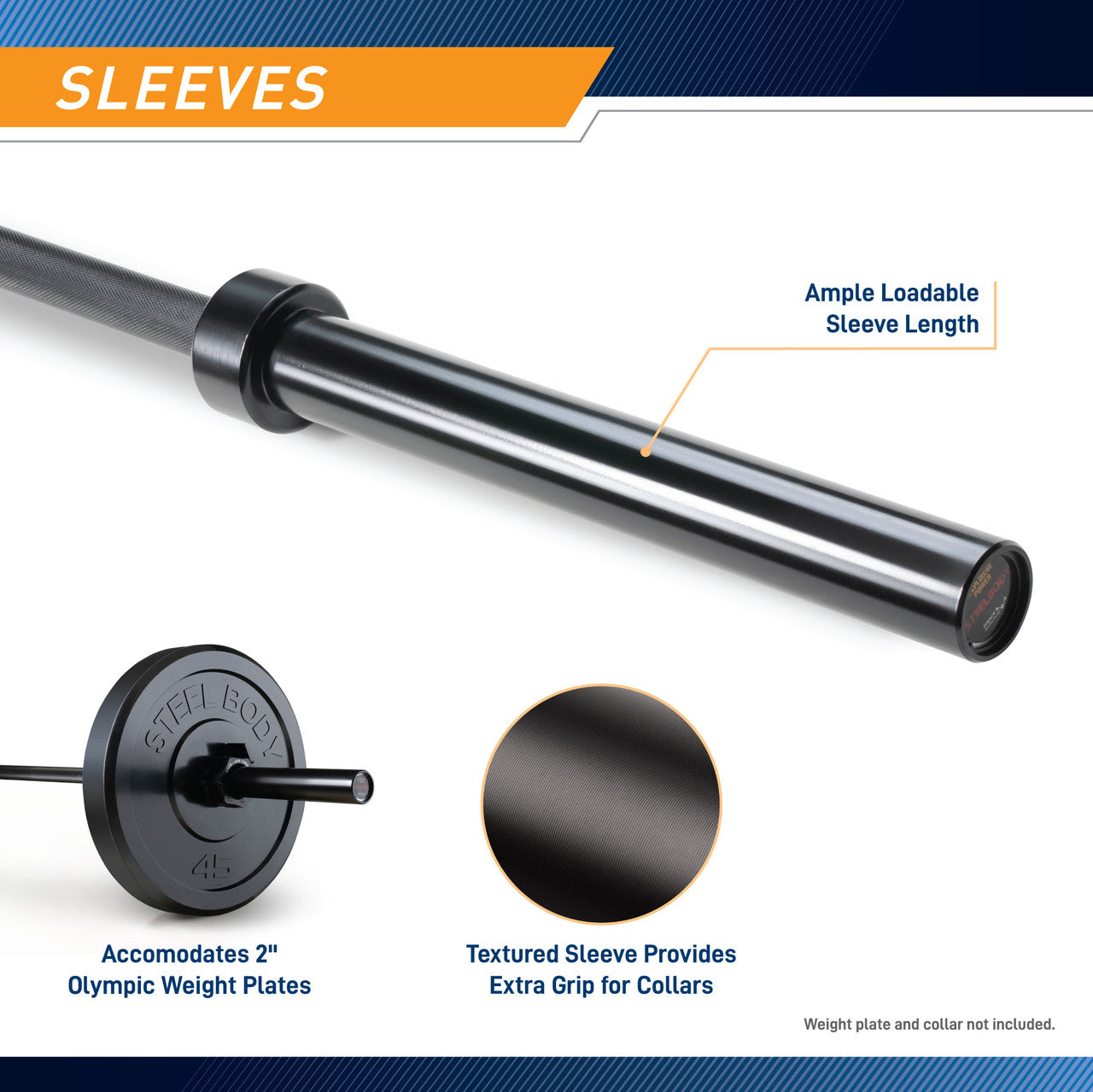 45 lb. olympic barbell by SteelBody will complete your home gym - olympic sleeves
