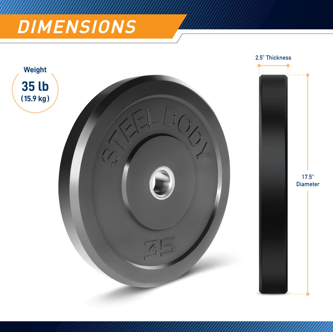 35 lbs. Olympic Bumper Plate by SteelBody to add weight to your HIIT Workout - dimensions