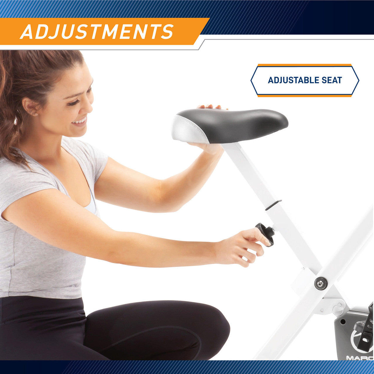 The Foldable Upright Bike Marcy NS-652 in Black has a knob that allows you to adjust the seat at different heights