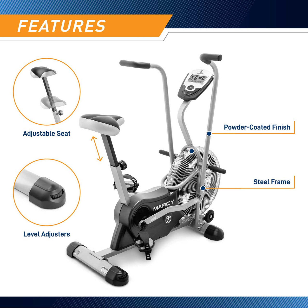 The Marcy AIR-1 Deluxe Fan Bike has a large comfortable seat and adjustable rollers  to avoid any imbalances during your workout