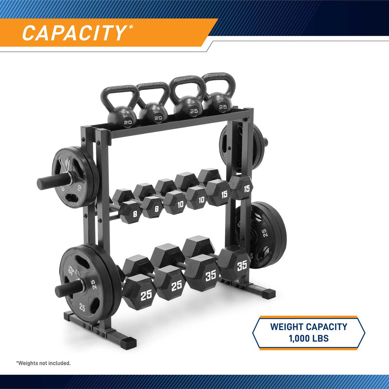 The Marcy Combo Weights Storage Rack DBR-0117 has a 1,000 pound weight capacity