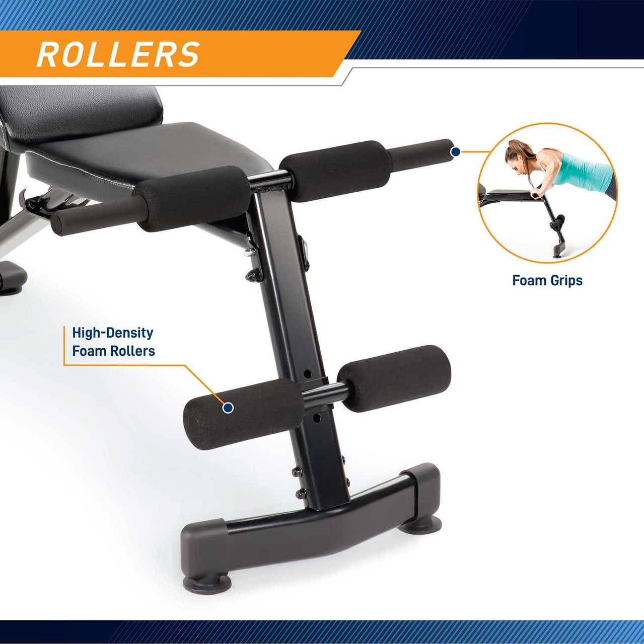 The Marcy Multi-Purpose Bench SB-228 has high density foam rollers and foam grips for an intense workout