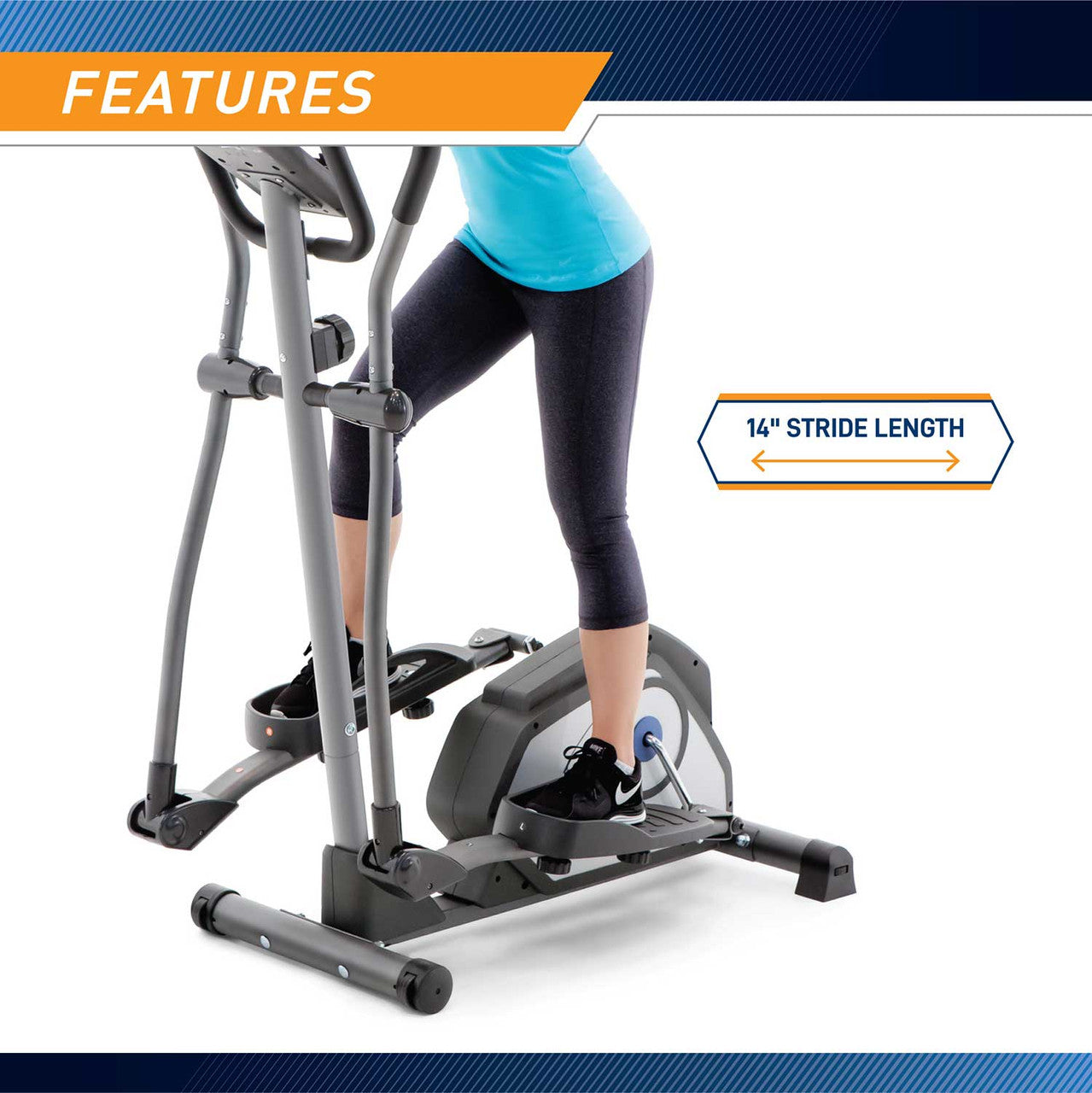 The Marcy NS-40501E Elliptical Trainer has a 14 inch stride length that'll work leg muscles more intensely.