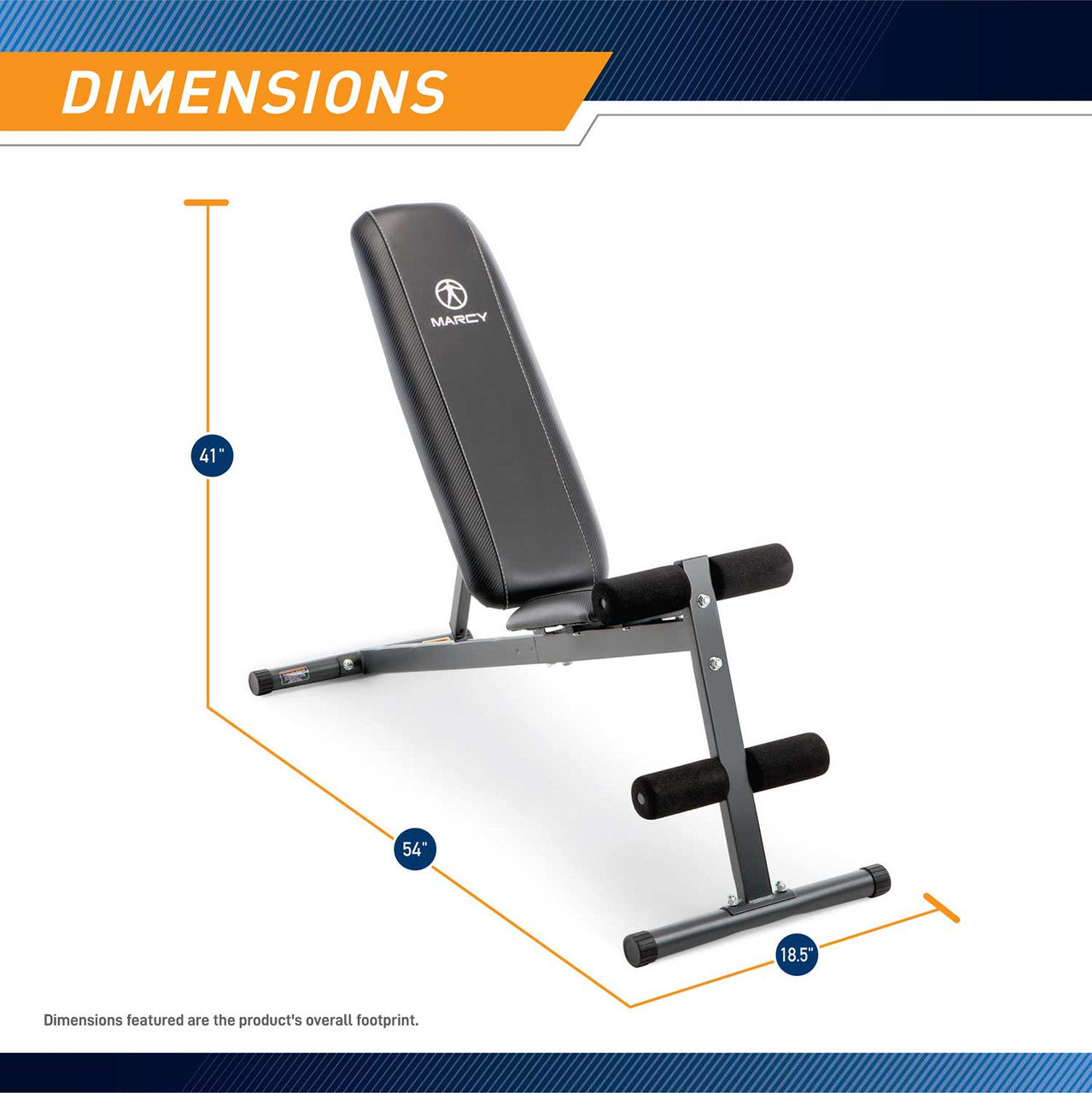 The Marcy Utility Bench SB-261W by Marcy is 41 inches tall, 54 inches long, and 18.5 inches wide