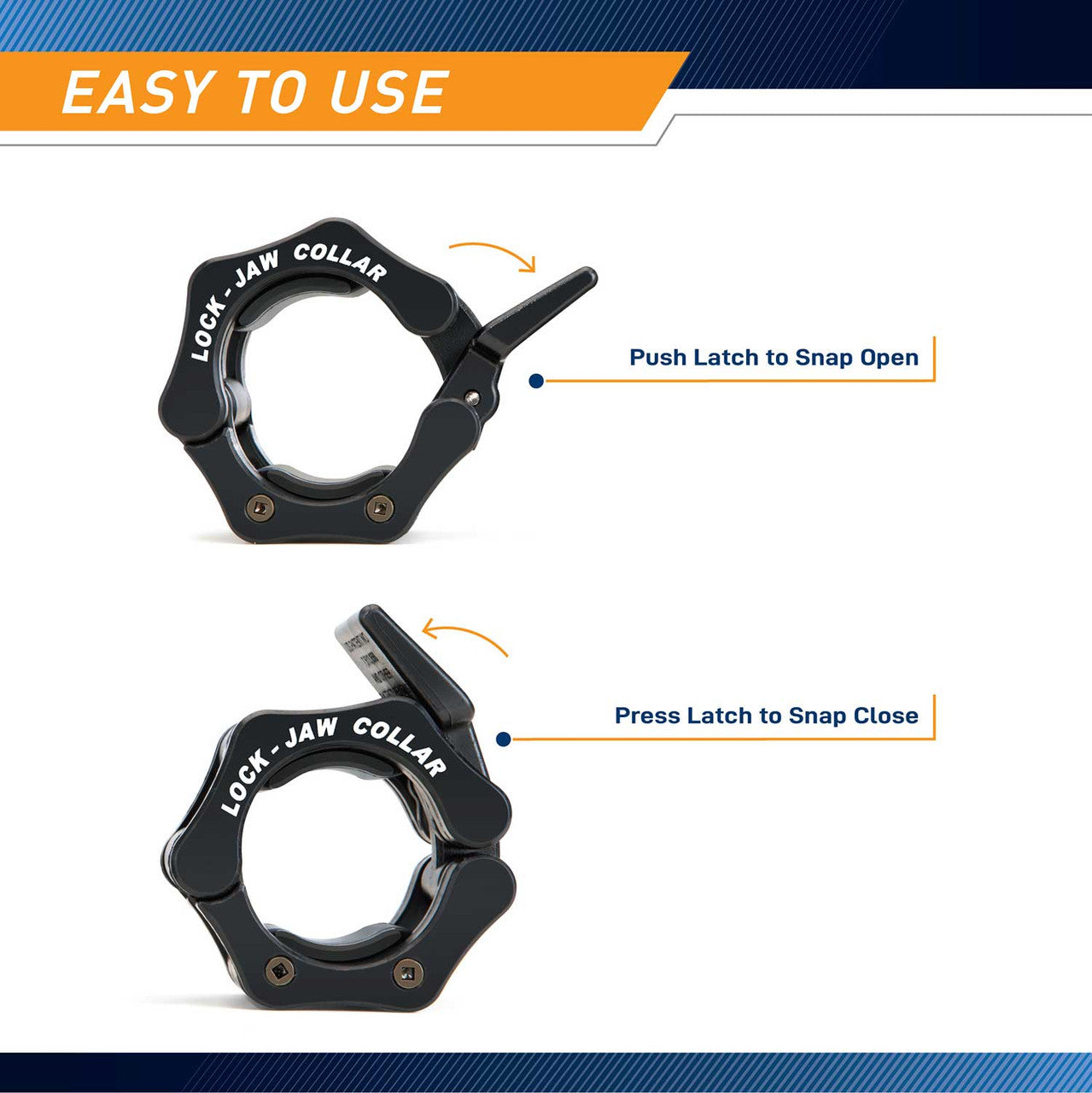 The SteelBody OBC-5 Lock Jaw Collars has a latch that makes it easy to open and close the collars
