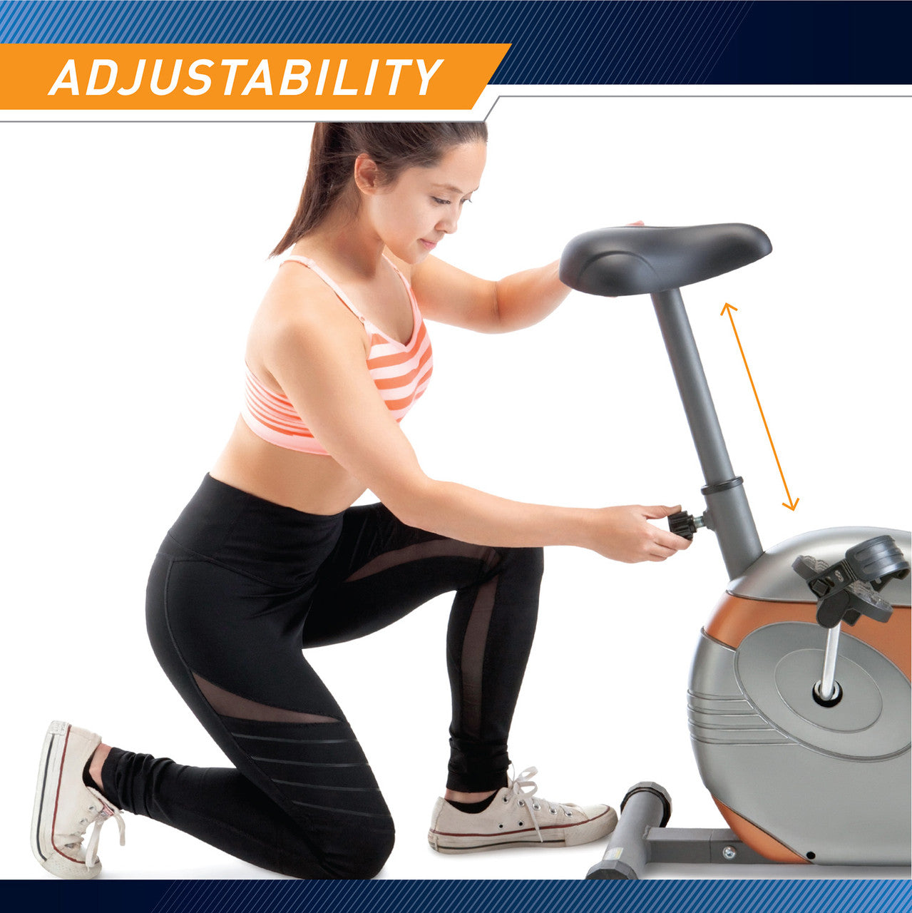 The Upright Exercise Bike ME-708 includes a large adjustable seat for added comfort during your long rides