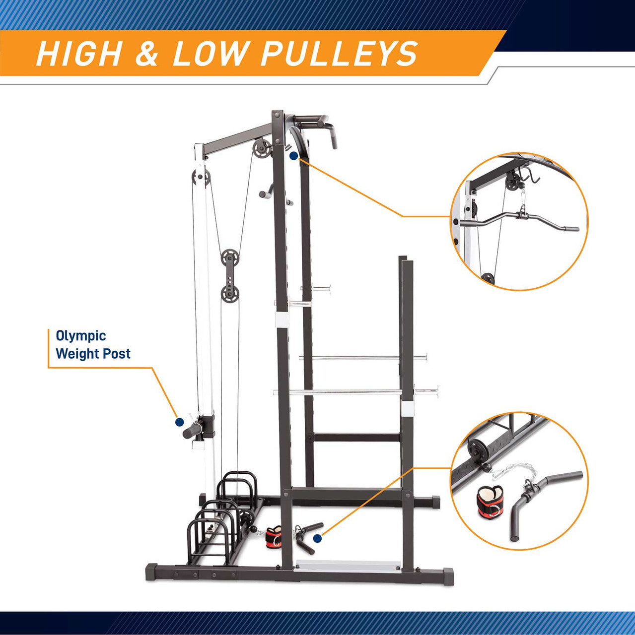 The Marcy Cage Home Gym MWM-7041 includes upper and lower pulleys for a full body workout