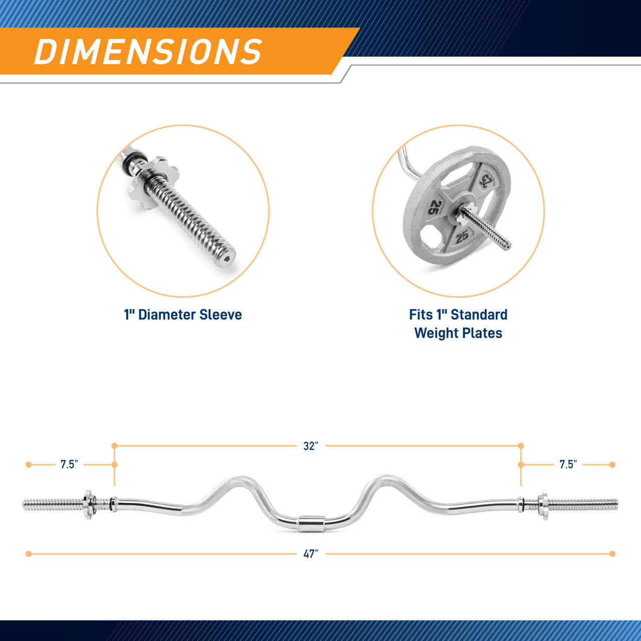 2-Piece Standard Super Curl Bar Marcy SCB-248 - Infographic - Dimensions