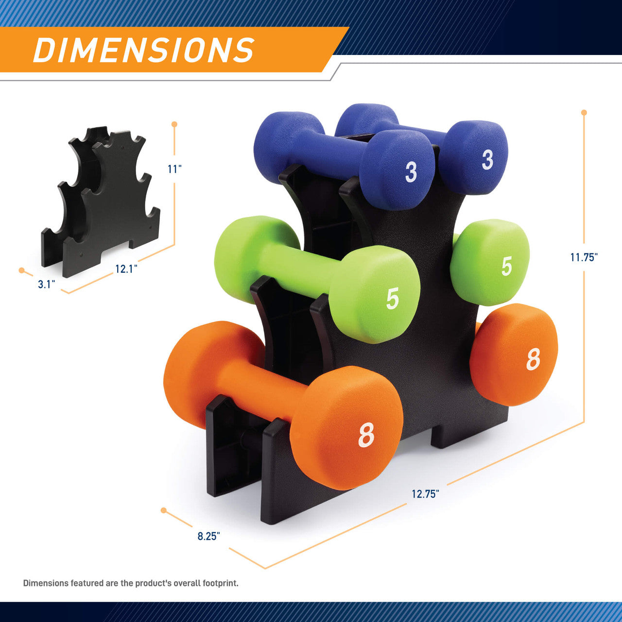 3-Pair Neoprene Dumbbell Set with Dumbbell Rack - 32 lbs total NDS-32B  Marcy - Infographic - Dimensions